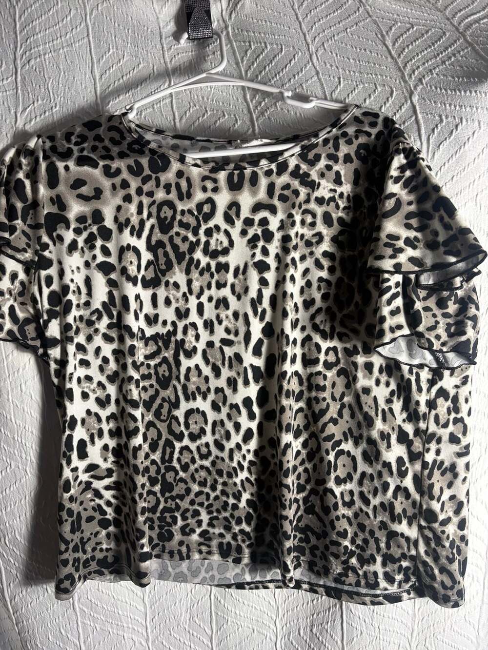 Exclusive One Leopard Print Short Sleeve Ruffle Blouse Top